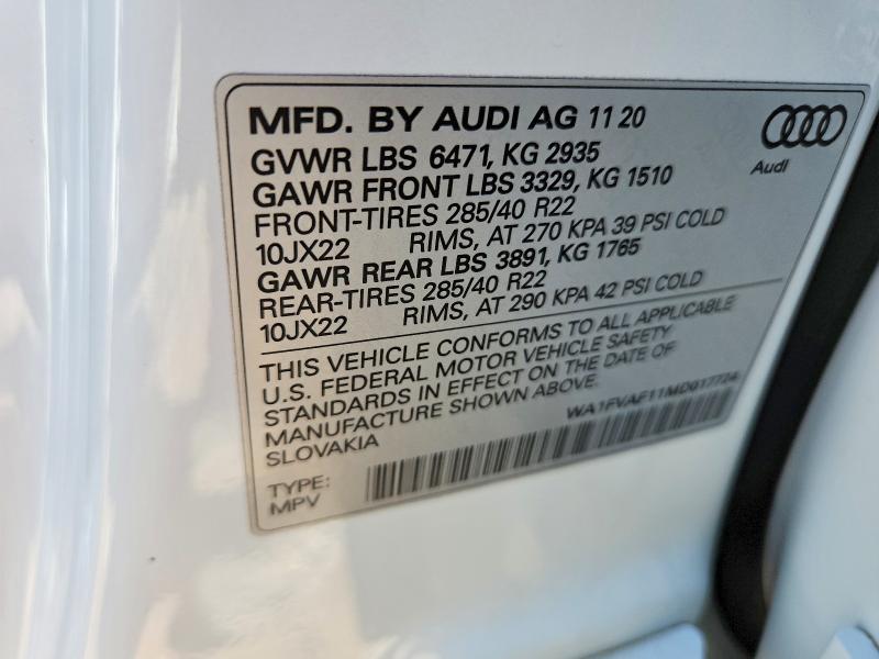 Продажа на аукционе авто 2021 Audi Q8, vin: WA1FVAF11MD017724, номер лота: 47505586
