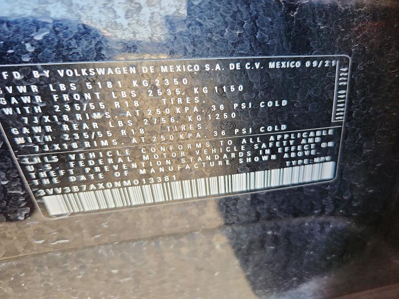 47541036 :رقم المزاد ، 3VV3B7AX0NM013381 vin ، 2022 Volkswagen Tiguan مزاد بيع