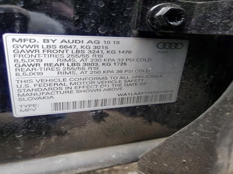 2019 Audi Q7 მანქანა იყიდება აუქციონზე, vin: WA1LAAF74KD013876, აუქციონის ნომერი: 46535446