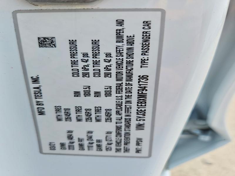 Aukcja sprzedaży 2021 Tesla Model 3, vin: 5YJ3E1EBXMF941736, numer aukcji: 46205796