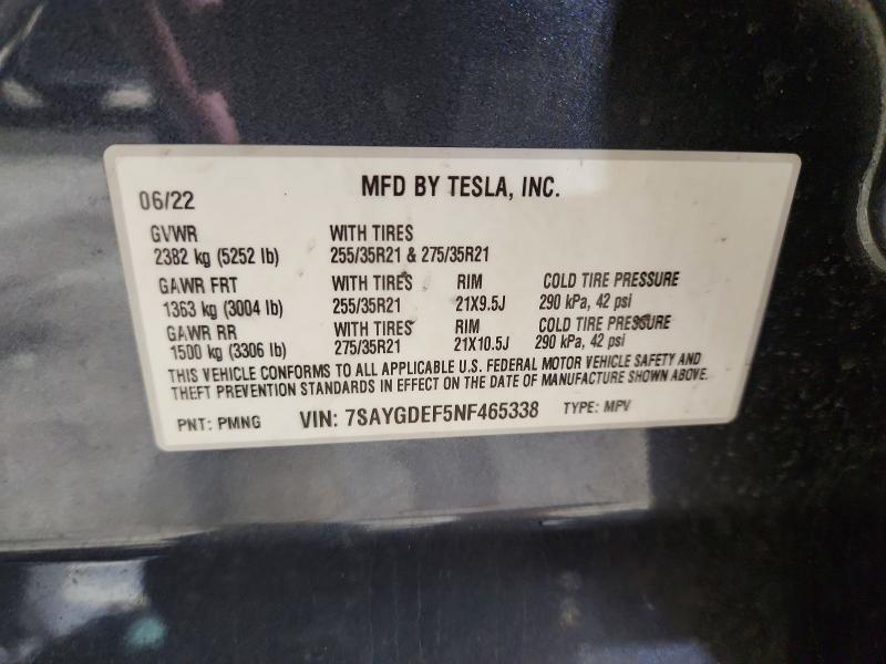 77600375 :رقم المزاد ، 7SAYGDEF5NF465338 vin ، 2022 Tesla Model Y مزاد بيع
