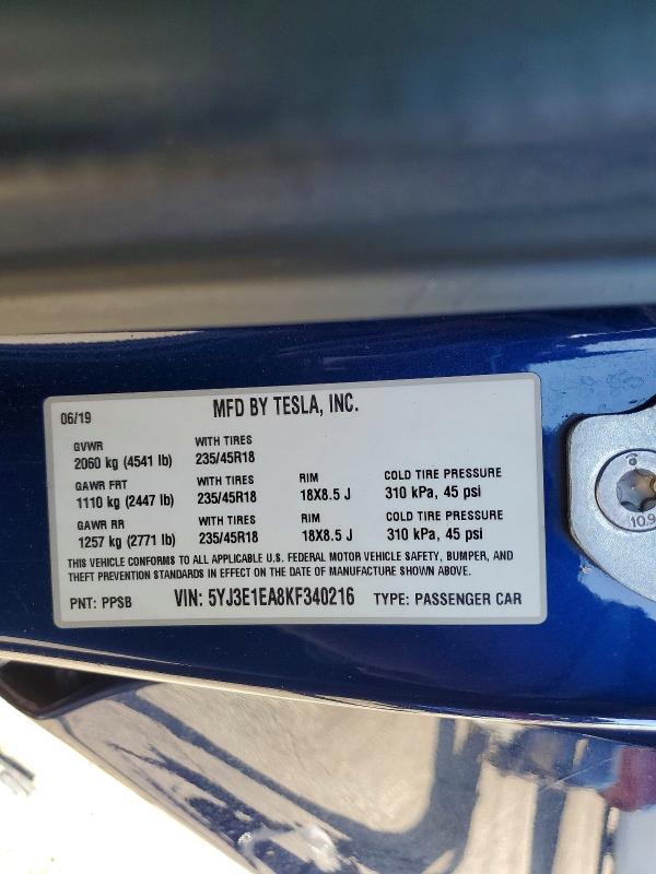 78379605 :رقم المزاد ، 5YJ3E1EA8KF340216 vin ، 2019 Tesla Model 3 مزاد بيع