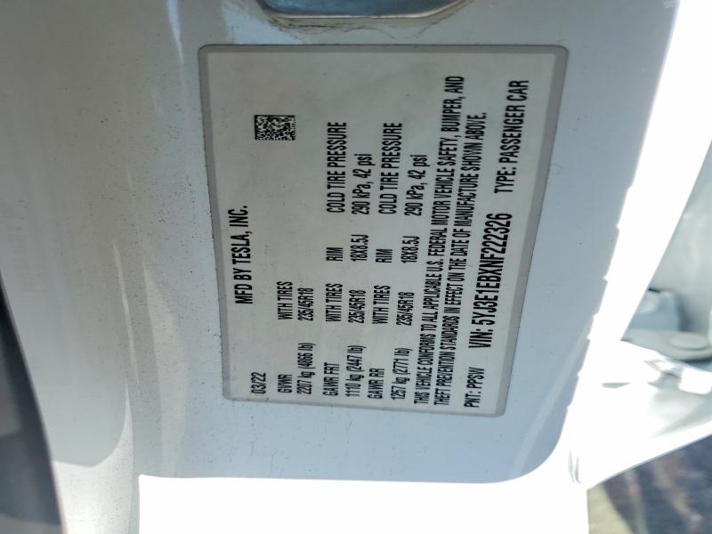 79483585 :رقم المزاد ، 5YJ3E1EBXNF222326 vin ، 2022 Tesla Model 3 مزاد بيع