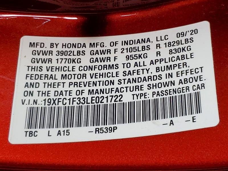 47615896 :رقم المزاد ، 19XFC1F33LE021722 vin ، 2020 Honda Civic مزاد بيع