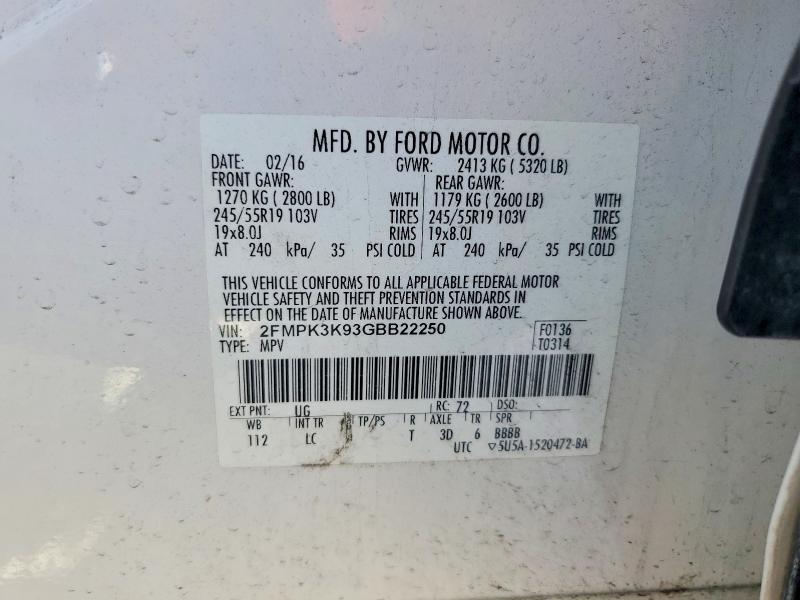 48047056 :رقم المزاد ، 2FMPK3K93GBB22250 vin ، 2016 Ford Edge مزاد بيع