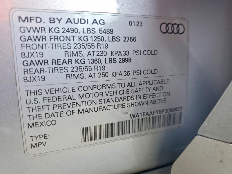 2023 Audi Q5 მანქანა იყიდება აუქციონზე, vin: WA1FAAFY8P2088833, აუქციონის ნომერი: 47708626