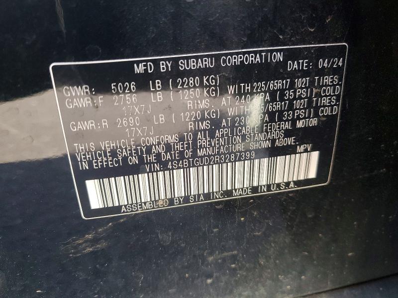 Продажа на аукционе авто 2024 Subaru Outback, vin: 4S4BTGUD2R3287399, номер лота: 46369406