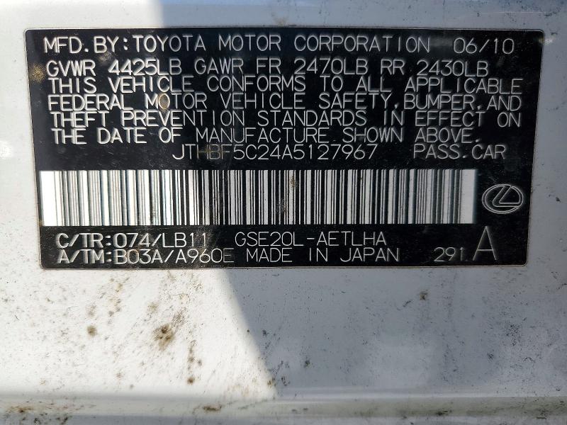 Продаж на аукціоні авто 2010 Lexus Is 250, vin: JTHBF5C24A5127967, номер лоту: 46322616