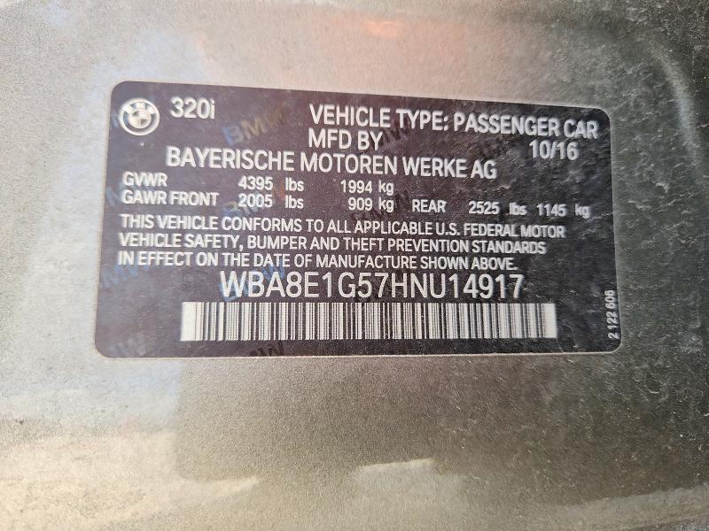 2017 Bmw 320 მანქანა იყიდება აუქციონზე, vin: WBA8E1G57HNU14917, აუქციონის ნომერი: 41618536