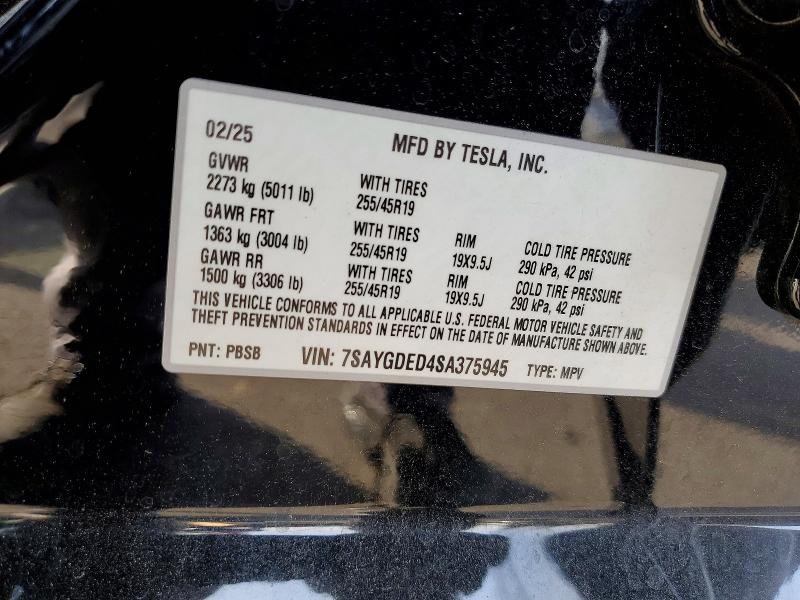 2025 Tesla Model Y მანქანა იყიდება აუქციონზე, vin: 7SAYGDED4SA375945, აუქციონის ნომერი: 47882736