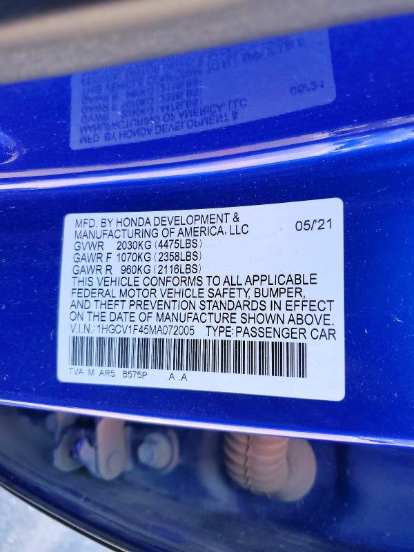 Продажа на аукционе авто 2021 Honda Accord, vin: 1HGCV1F45MA072005, номер лота: 46891756