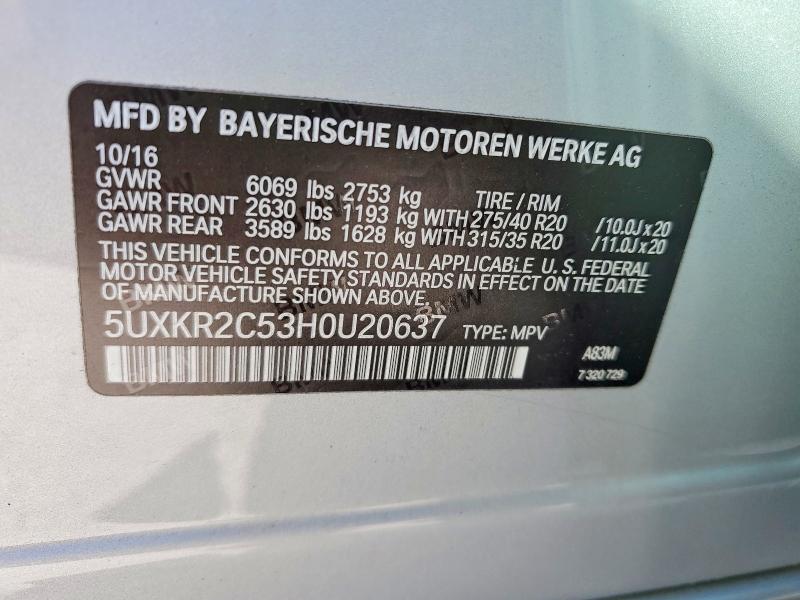 45863736 :رقم المزاد ، 5UXKR2C53H0U20637 vin ، 2017 Bmw X5 مزاد بيع
