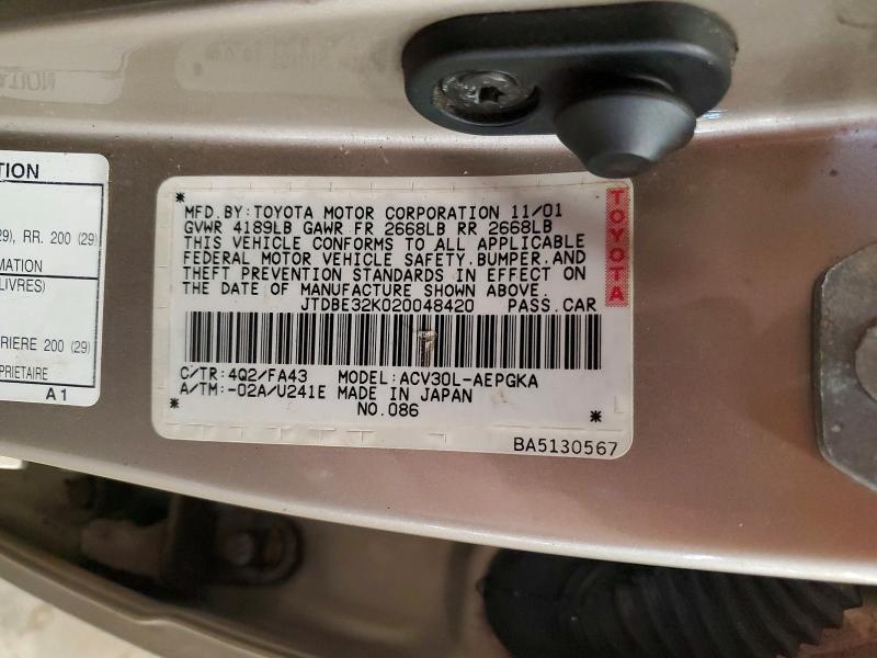 46401376 :رقم المزاد ، JTDBE32K020048420 vin ، 2002 Toyota Camry مزاد بيع