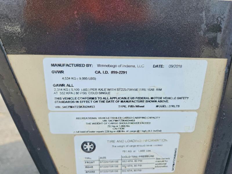 79957575 :رقم المزاد ، 54CFM4T23K4024453 vin ، 2019 Winnebago Minnie مزاد بيع