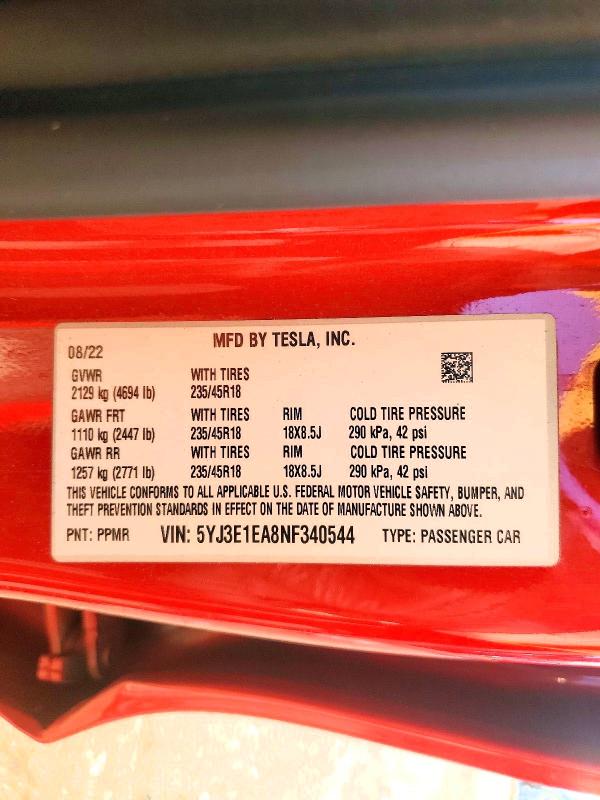 46711866 :رقم المزاد ، 5YJ3E1EA8NF340544 vin ، 2022 Tesla Model 3 مزاد بيع