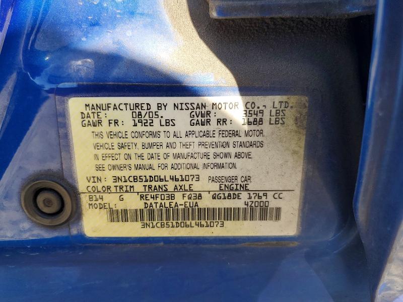 2006 Nissan Sentra მანქანა იყიდება აუქციონზე, vin: 3N1CB51D06L461073, აუქციონის ნომერი: 46955126