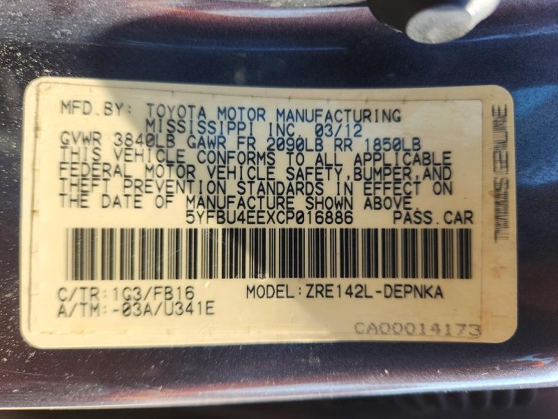 47929776 :رقم المزاد ، 5YFBU4EEXCP016886 vin ، 2012 Toyota Corolla مزاد بيع