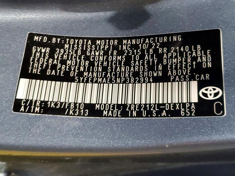 Aukcja sprzedaży 2022 Toyota Corolla, vin: 5YFEPMAE5NP382994, numer aukcji: 45448686