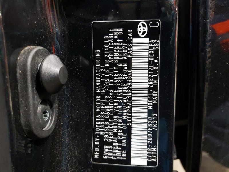 Aukcja sprzedaży 2022 Toyota Corolla, vin: 5YFEPMAE1NP294640, numer aukcji: 79650255