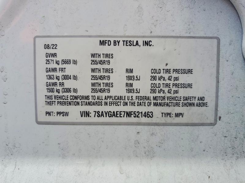2022 Tesla Model Y მანქანა იყიდება აუქციონზე, vin: 7SAYGAEE7NF521463, აუქციონის ნომერი: 41720316