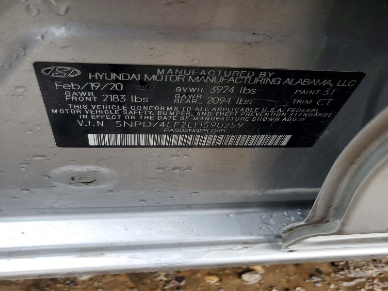 2020 Hyundai Elantra მანქანა იყიდება აუქციონზე, vin: 5NPD74LF2LH590259, აუქციონის ნომერი: 45591966