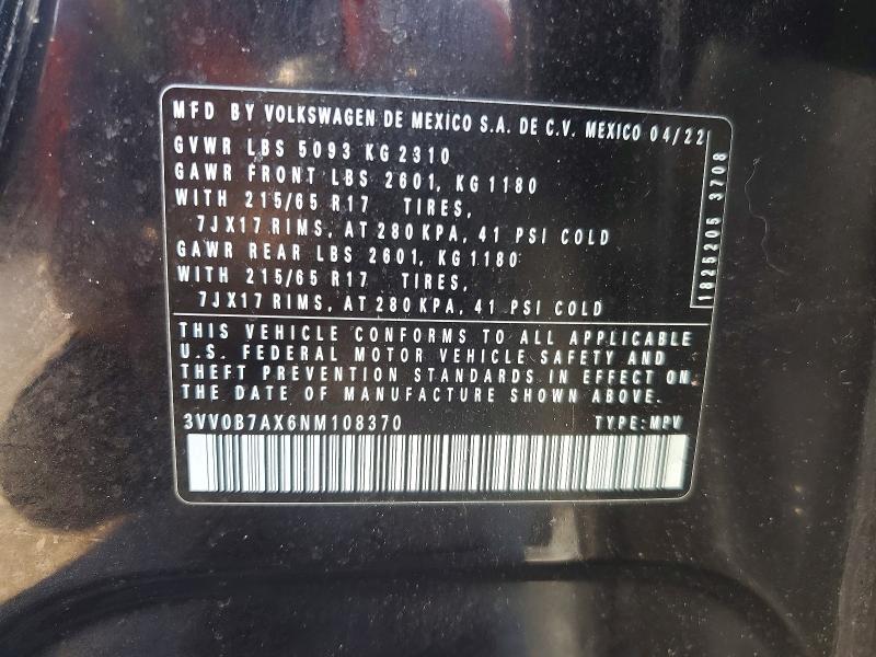 2022 Volkswagen Tiguan მანქანა იყიდება აუქციონზე, vin: 3VV0B7AX6NM108370, აუქციონის ნომერი: 79966765