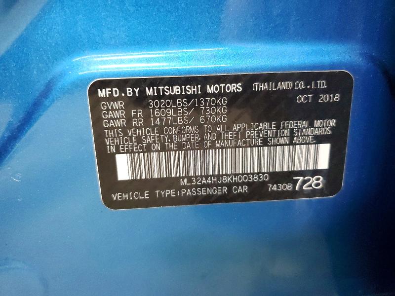 Продаж на аукціоні авто 2019 Mitsubishi Mirage, vin: ML32A4HJ8KH003830, номер лоту: 46032566