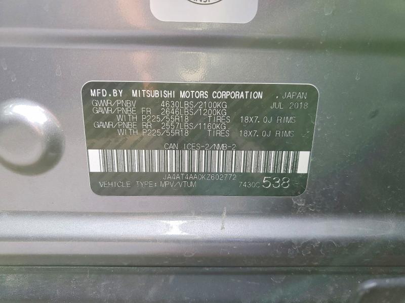 46402716 :رقم المزاد ، JA4AT4AA0KZ602772 vin ، 2019 Mitsubishi Eclipse Cross مزاد بيع