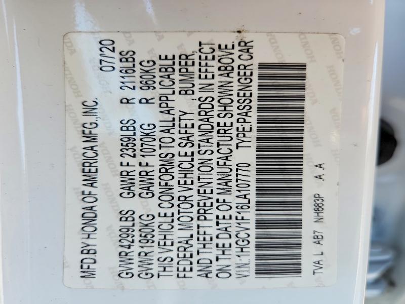 2020 Honda Accord მანქანა იყიდება აუქციონზე, vin: 1HGCV1F16LA107770, აუქციონის ნომერი: 46051316