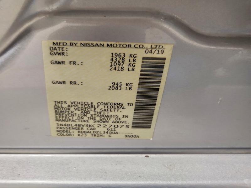 46387006 :رقم المزاد ، 1N4BL4BV3KC227075 vin ، 2019 Nissan Altima مزاد بيع