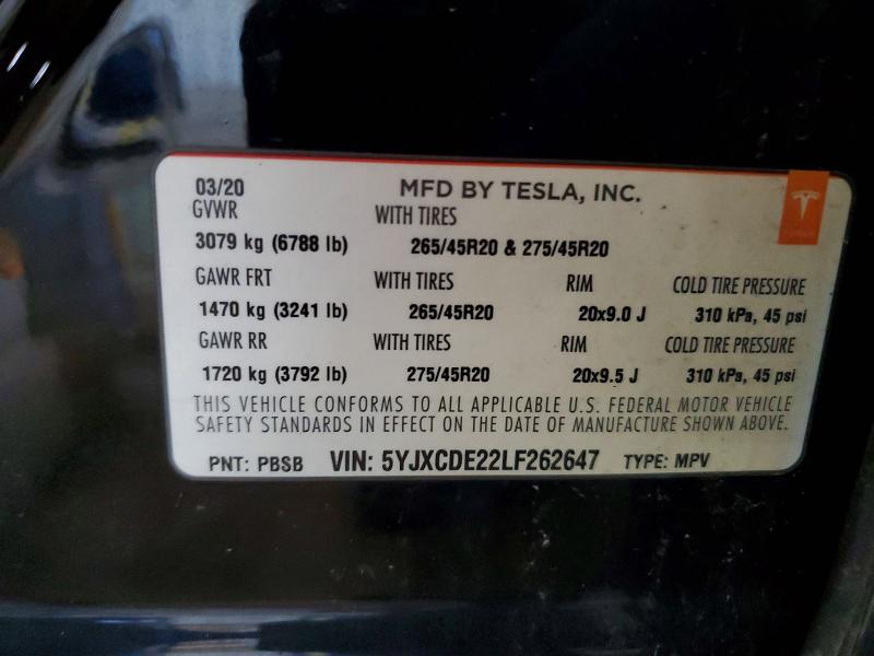 Aukcja sprzedaży 2020 Tesla Model X, vin: 5YJXCDE22LF262647, numer aukcji: 41935796