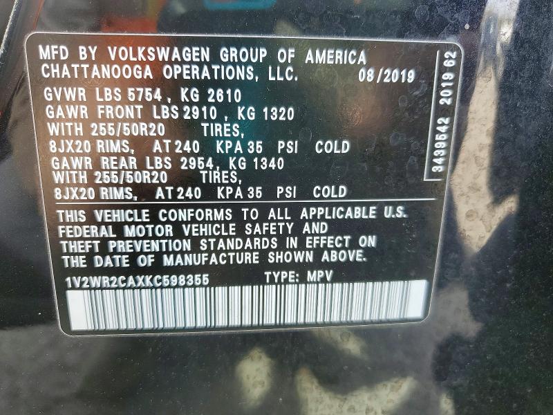 Продажа на аукционе авто 2019 Volkswagen Atlas, vin: 1V2WR2CAXKC598355, номер лота: 46642346