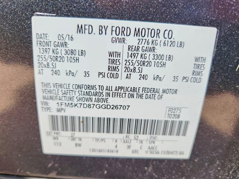 47117726 :رقم المزاد ، 1FM5K7D87GGD26707 vin ، 2016 Ford Explorer مزاد بيع