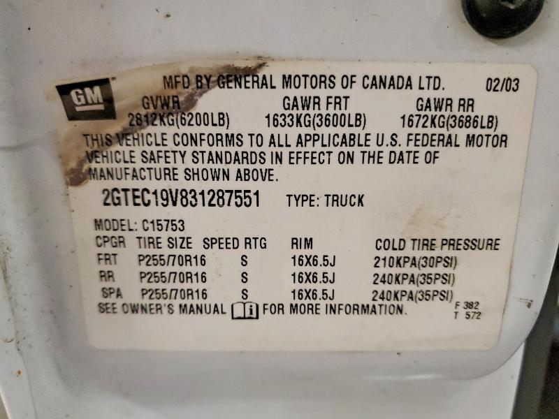 78489585 :رقم المزاد ، 2GTEC19V831287551 vin ، 2003 Gmc New Sierra مزاد بيع