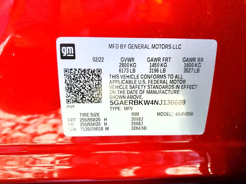 41978886 :رقم المزاد ، 5GAERBKW4NJ136689 vin ، 2022 Buick Enclave مزاد بيع