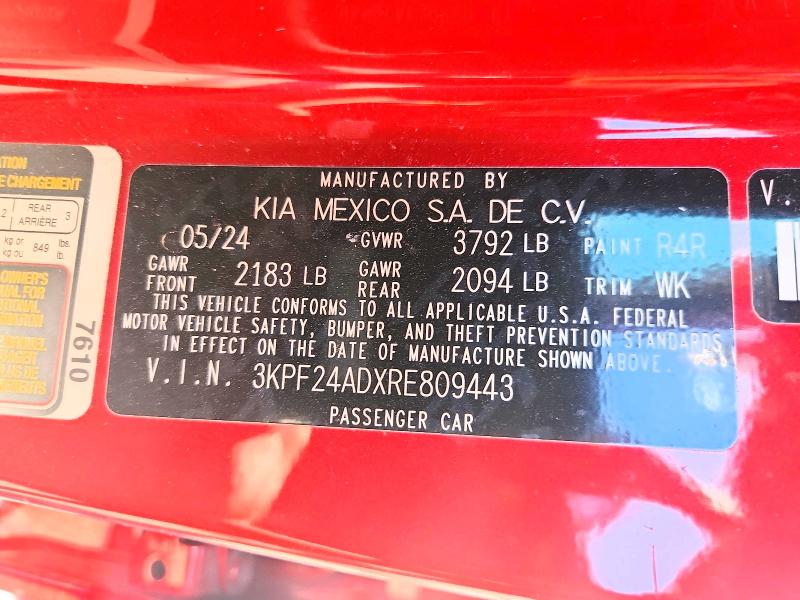2024 Kia Forte მანქანა იყიდება აუქციონზე, vin: 3KPF24ADXRE809443, აუქციონის ნომერი: 41829766