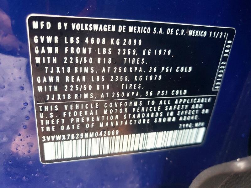Aukcja sprzedaży 2022 Volkswagen Taos, vin: 3VVWX7B29NM042069, numer aukcji: 46938326