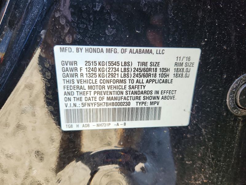 Продаж на аукціоні авто 2017 Honda Pilot, vin: 5FNYF5H78HB000230, номер лоту: 46486686