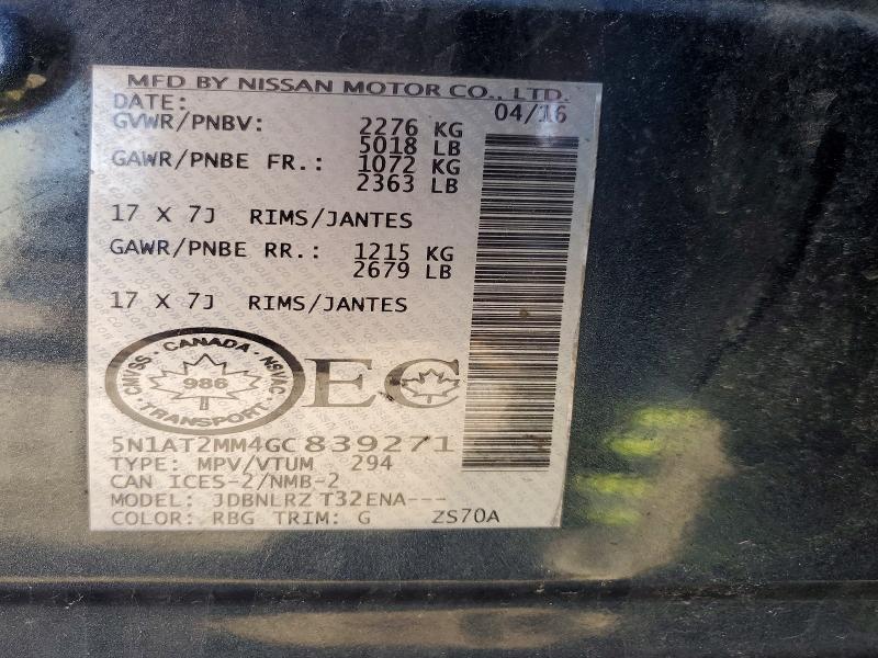 2016 Nissan Rogue მანქანა იყიდება აუქციონზე, vin: 5N1AT2MM4GC839271, აუქციონის ნომერი: 47600036