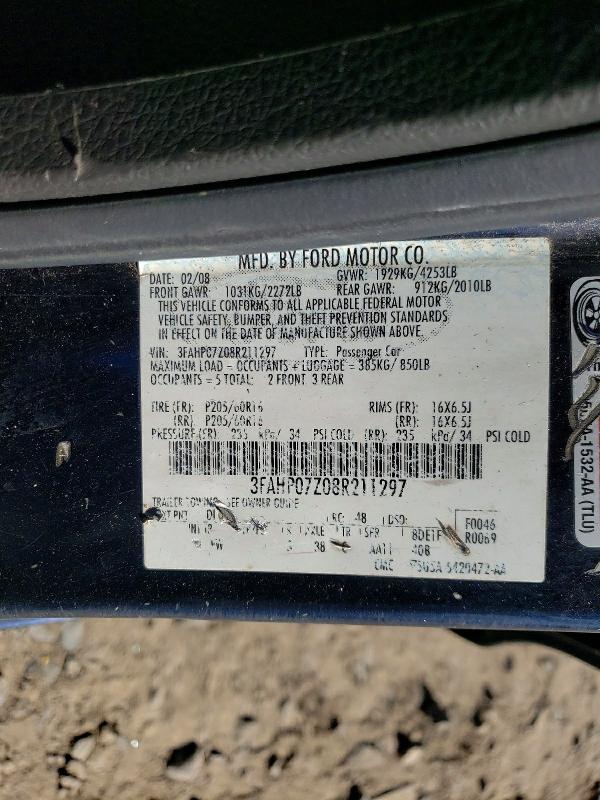 2008 Ford Fusion მანქანა იყიდება აუქციონზე, vin: 3FAHP07Z08R211297, აუქციონის ნომერი: 46300456