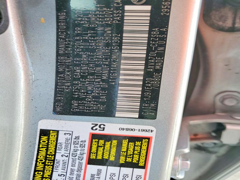 Aukcja sprzedaży 2021 Toyota Camry, vin: 4T1G11AK2MU451362, numer aukcji: 41981896