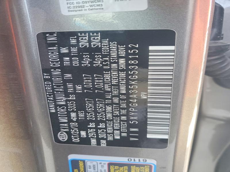2019 Kia Sorento მანქანა იყიდება აუქციონზე, vin: 5XYPG4A35KG538152, აუქციონის ნომერი: 48057796