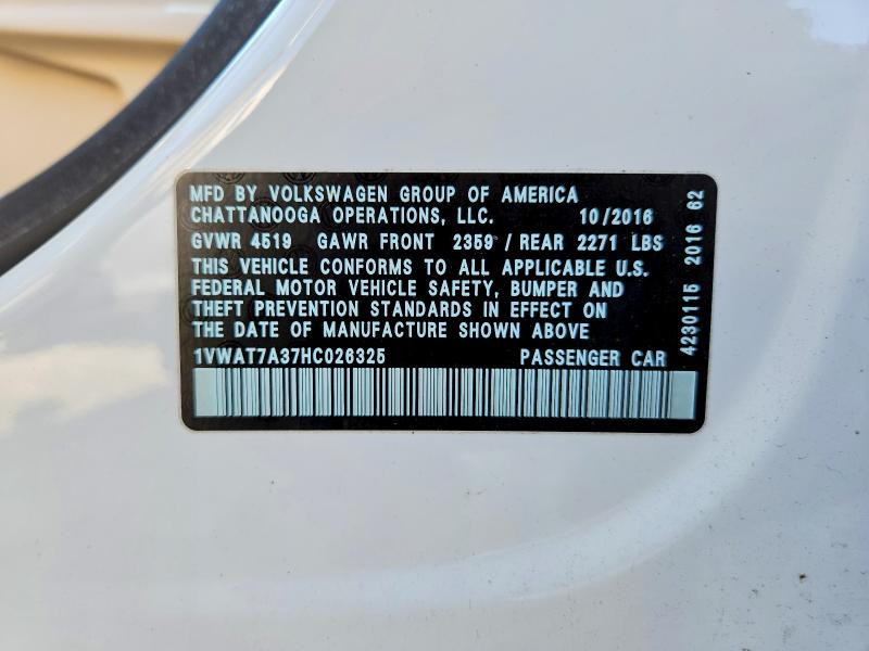 Продаж на аукціоні авто 2017 Volkswagen Passat, vin: 1VWAT7A37HC026325, номер лоту: 47201606
