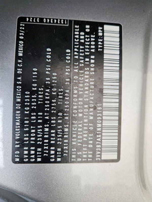 46136846 :رقم المزاد ، 3VV3B7AX1NM093161 vin ، 2022 Volkswagen Tiguan مزاد بيع