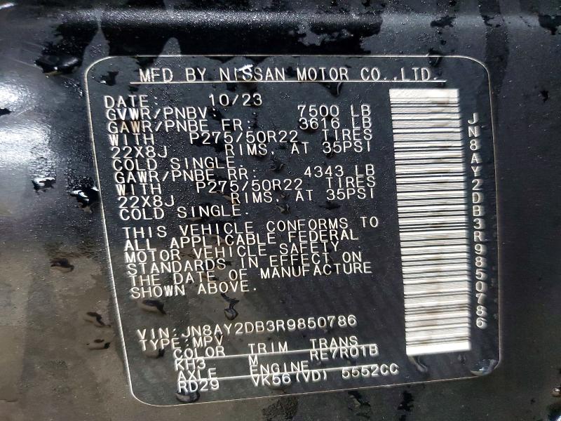2024 Nissan Armada მანქანა იყიდება აუქციონზე, vin: JN8AY2DB3R9850786, აუქციონის ნომერი: 41717356