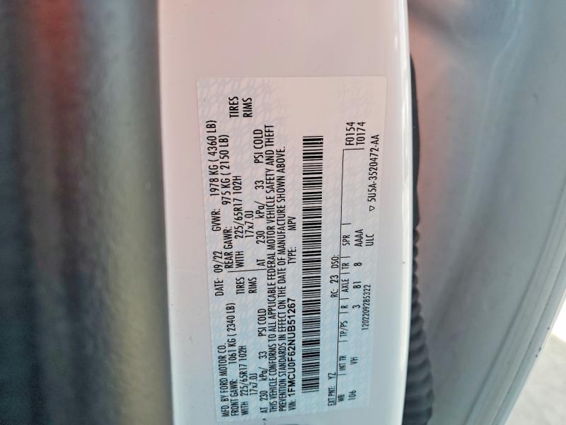 2022 Ford Escape მანქანა იყიდება აუქციონზე, vin: 1FMCU0F62NUB51267, აუქციონის ნომერი: 41955246