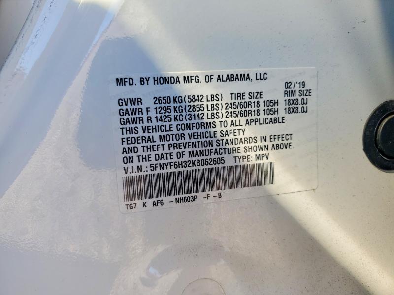 79548415 :رقم المزاد ، 5FNYF6H32KB062605 vin ، 2019 Honda Pilot مزاد بيع