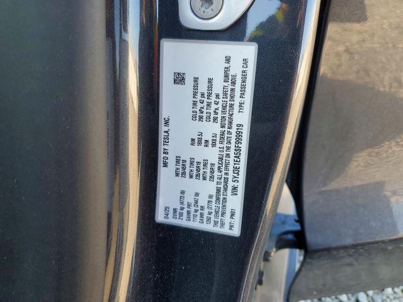 2025 Tesla Model 3 მანქანა იყიდება აუქციონზე, vin: 5YJ3E1EA5SF999919, აუქციონის ნომერი: 46753906
