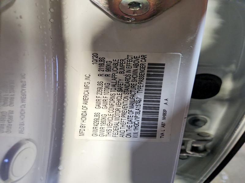 41614396 :رقم المزاد ، 1HGCV1F18LA157487 vin ، 2020 Honda Accord مزاد بيع