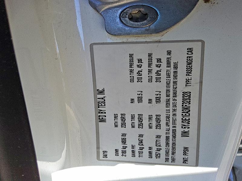 78690955 :رقم المزاد ، 5YJ3E1EA3KF328328 vin ، 2019 Tesla Model 3 مزاد بيع